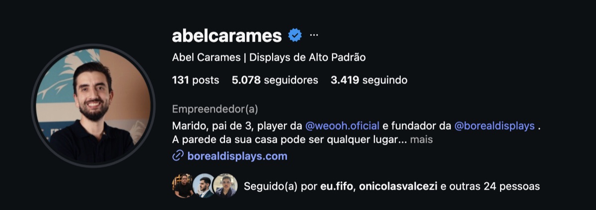 Perfil do Instagram @abelcarames, Displays de Alto Padrão, 5.078 seguidores