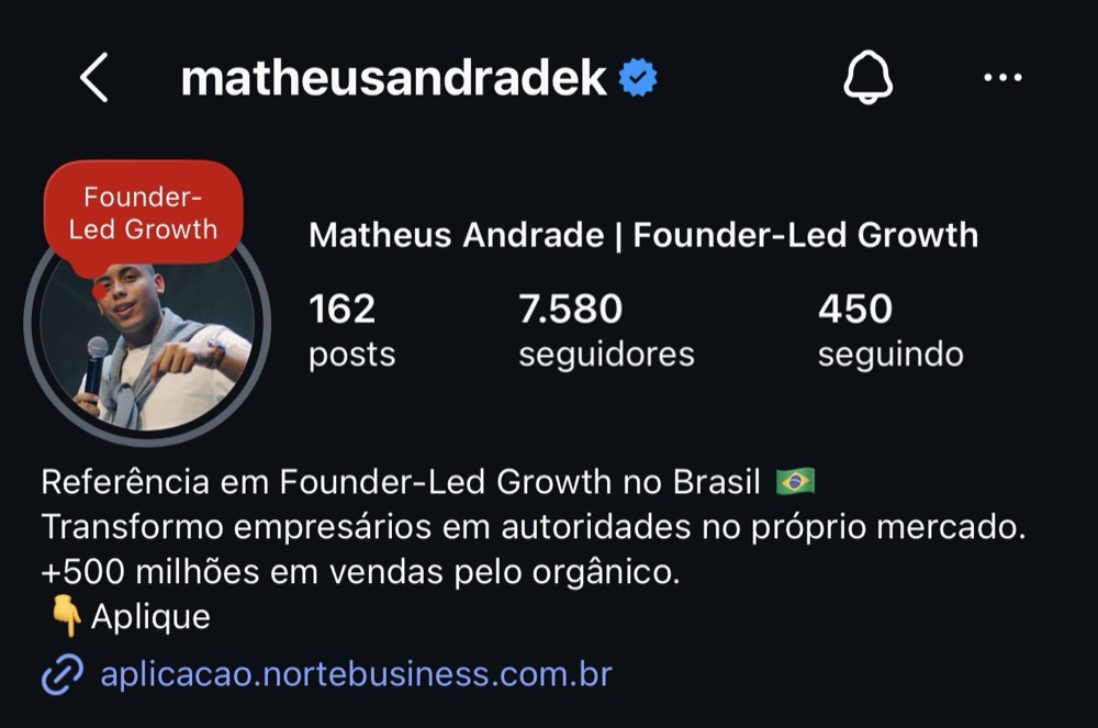 Perfil do Instagram @matheusandradek, Founder-Led Growth, 7.580 seguidores