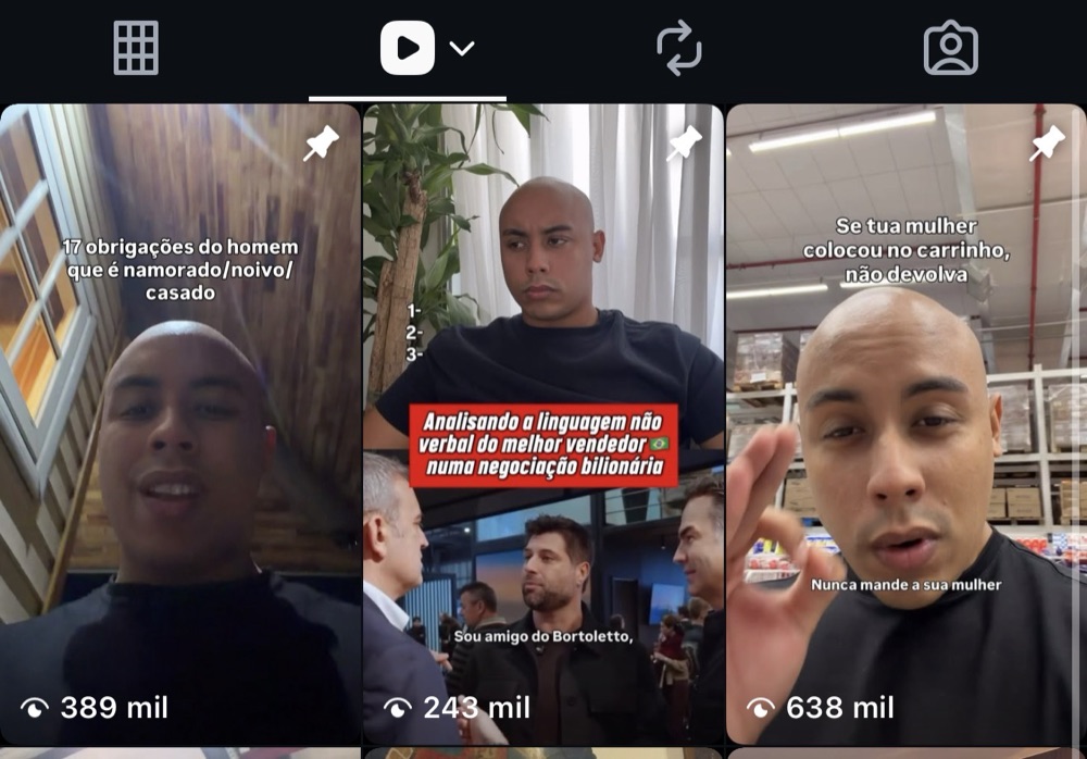 Reels fixados com 389 mil, 243 mil e 638 mil visualizações